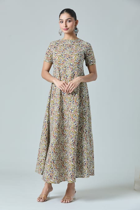 Shop_Naintara Bajaj_Multi Color Cotton Round Neck Paisley Print Dress _Online_at_Aza_Fashions