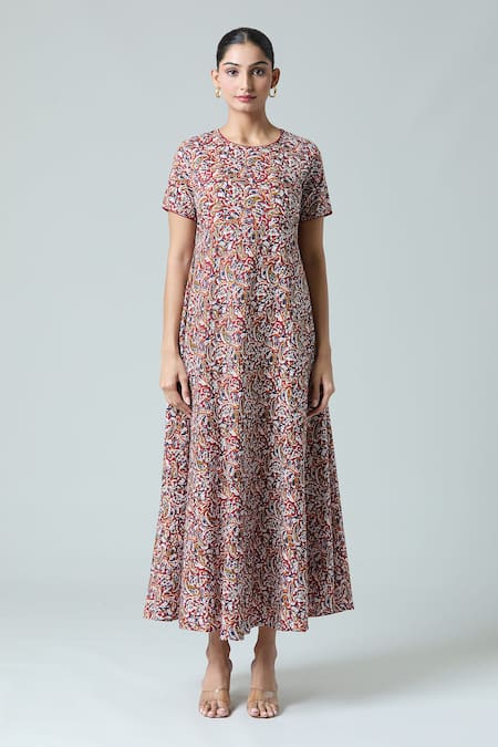 Naintara Bajaj_Multi Color Cotton Round Neck Floral Paisley Print Dress _Online_at_Aza_Fashions