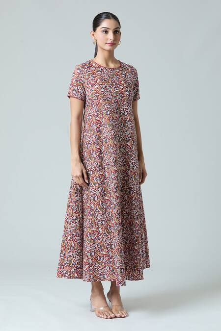 Buy_Naintara Bajaj_Multi Color Cotton Round Neck Floral Paisley Print Dress _Online_at_Aza_Fashions