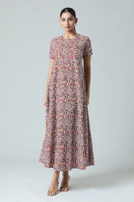 Naintara Bajaj_Multi Color Cotton Round Neck Floral Paisley Print Dress _at_Aza_Fashions