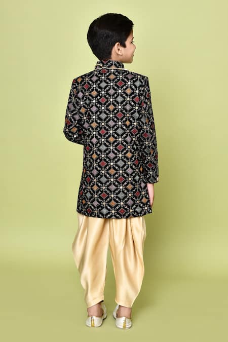 Petite Pomme Velvet Embroidered Sherwani & Dhoti Pant Set 