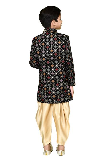 Petite Pomme_Black Velvet, Satin Sequins, Embroidery Sherwani And Dhoti Pant Set _Online_at_Aza_Fashions