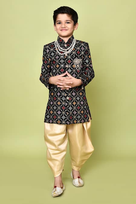 Buy_Petite Pomme_Black Velvet, Satin Sequins, Embroidery Sherwani And Dhoti Pant Set _Online_at_Aza_Fashions