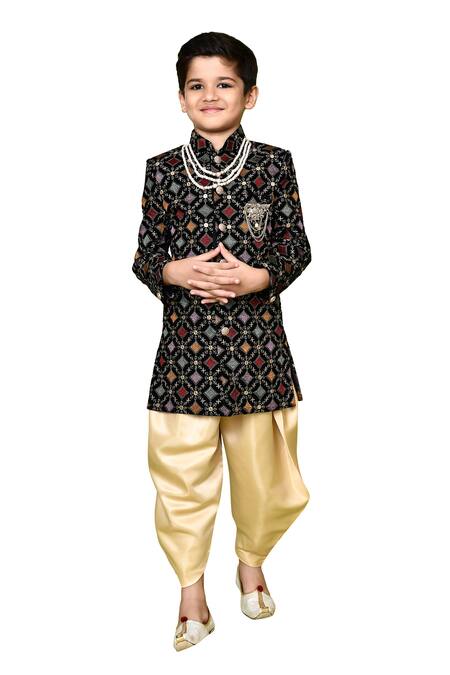 Shop_Petite Pomme_Black Velvet, Satin Sequins, Embroidery Sherwani And Dhoti Pant Set _Online_at_Aza_Fashions