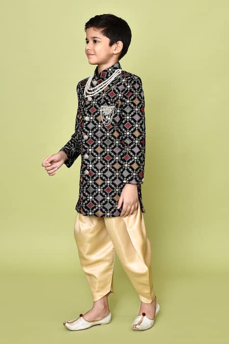 Petite Pomme_Black Velvet, Satin Sequins, Embroidery Sherwani And Dhoti Pant Set _at_Aza_Fashions