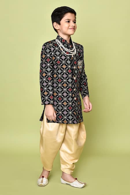 Buy_Petite Pomme_Black Velvet, Satin Sequins, Embroidery Sherwani And Dhoti Pant Set 