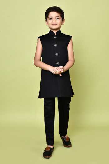 Buy_Petite Pomme_Black Velvet, Polyester, Terrycloth Sequins, Embroidery Sherwani Trouser Set _Online_at_Aza_Fashions