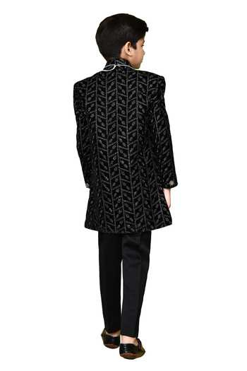 Shop_Petite Pomme_Black Velvet, Polyester, Terrycloth Sequins, Embroidery Sherwani Trouser Set _Online_at_Aza_Fashions