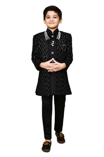Petite Pomme_Black Velvet, Polyester, Terrycloth Sequins, Embroidery Sherwani Trouser Set _at_Aza_Fashions