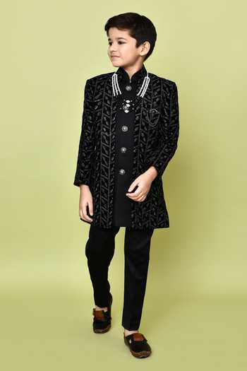 Buy_Petite Pomme_Black Velvet, Polyester, Terrycloth Sequins, Embroidery Sherwani Trouser Set 