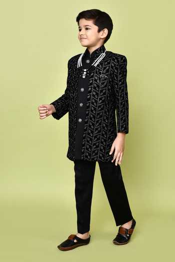 Shop_Petite Pomme_Black Velvet, Polyester, Terrycloth Sequins, Embroidery Sherwani Trouser Set 