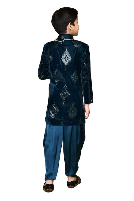 Buy_Petite Pomme_Green Velvet, Satin Sequins Embroidered Sherwani And Dhoti Pant Set _Online_at_Aza_Fashions