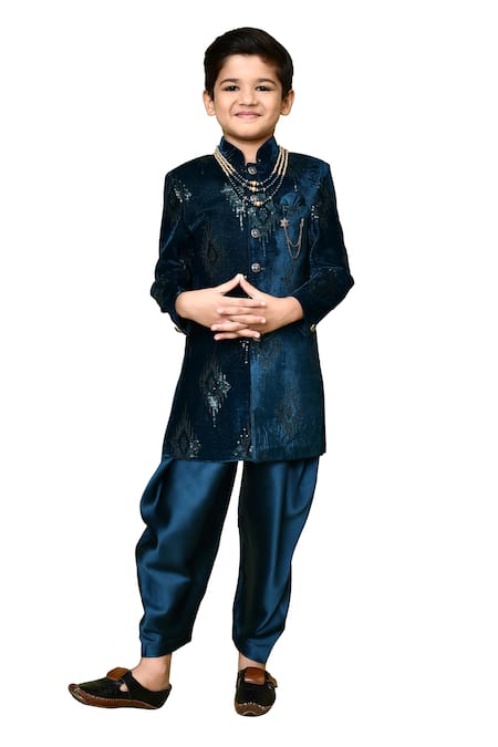 Shop_Petite Pomme_Green Velvet, Satin Sequins Embroidered Sherwani And Dhoti Pant Set _Online_at_Aza_Fashions