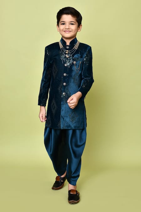 Petite Pomme_Green Velvet, Satin Sequins Embroidered Sherwani And Dhoti Pant Set _at_Aza_Fashions