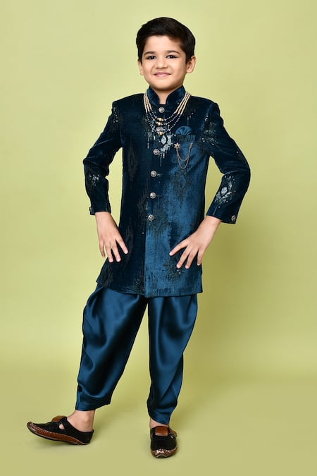 Buy_Petite Pomme_Green Velvet, Satin Sequins Embroidered Sherwani And Dhoti Pant Set 