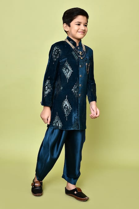 Shop_Petite Pomme_Green Velvet, Satin Sequins Embroidered Sherwani And Dhoti Pant Set 