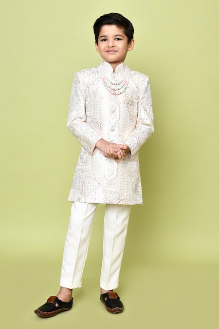 Petite Pomme_Beige Jacquard, Polyester, Terrycloth Sequins, Embroidery Sherwani And Trouser Set _at_Aza_Fashions