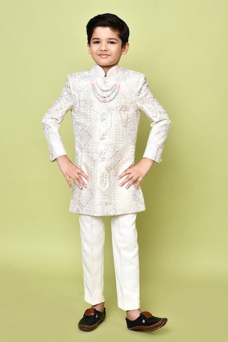 Buy_Petite Pomme_Beige Jacquard, Polyester, Terrycloth Sequins, Embroidery Sherwani And Trouser Set 