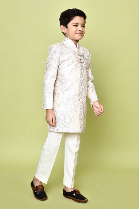 Shop_Petite Pomme_Beige Jacquard, Polyester, Terrycloth Sequins, Embroidery Sherwani And Trouser Set 
