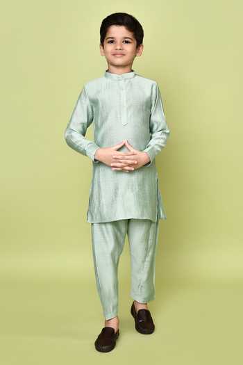 Buy_Petite Pomme_Green Silk, Polyester Solid Kurta Set With Nehru Jacket _Online_at_Aza_Fashions
