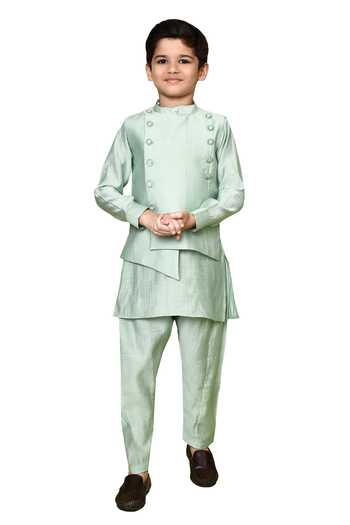 Petite Pomme_Green Silk, Polyester Solid Kurta Set With Nehru Jacket _at_Aza_Fashions