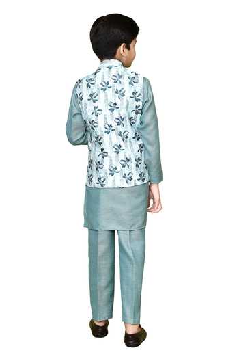 Shop_Petite Pomme_White Cotton, Silk, Jacquard Embroidery Floral Print Nehru Jacket And Kurta Set _Online_at_Aza_Fashions
