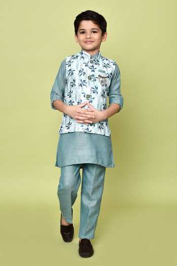 Buy_Petite Pomme_White Cotton, Silk, Jacquard Embroidery Floral Print Nehru Jacket And Kurta Set 