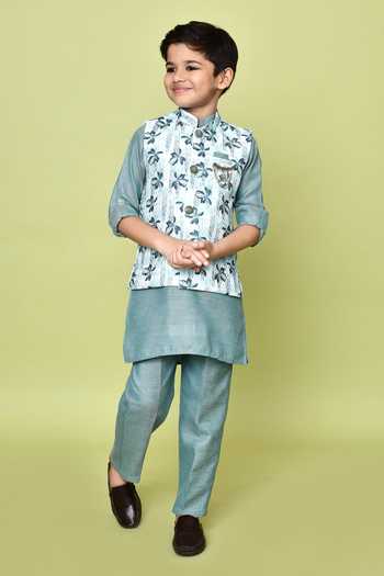 Shop_Petite Pomme_White Cotton, Silk, Jacquard Embroidery Floral Print Nehru Jacket And Kurta Set 