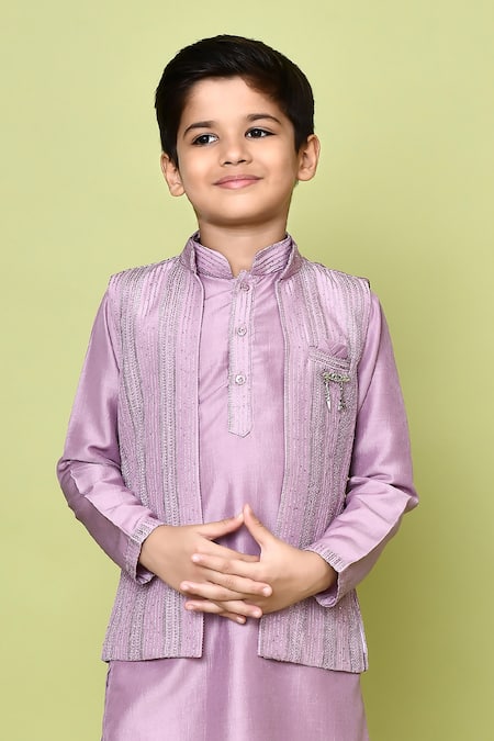 Shop_Petite Pomme_Pink Cotton, Silk, Polyester Zari Embroidered Nehru Jacket Kurta Set 