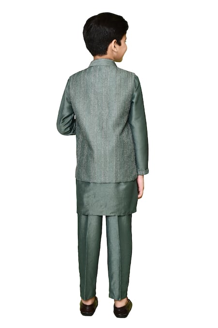 Petite Pomme_Green Cotton, Silk, Polyester Zari Embroidered Kurta And Nehru Jacket Set _Online_at_Aza_Fashions