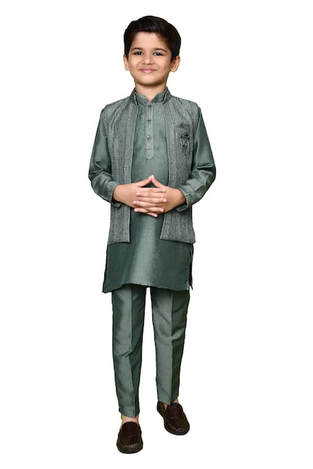 Buy_Petite Pomme_Green Cotton, Silk, Polyester Zari Embroidered Kurta And Nehru Jacket Set _Online_at_Aza_Fashions