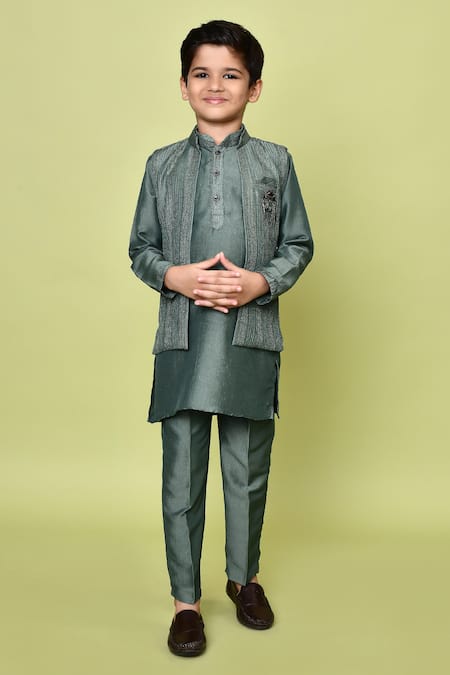 Shop_Petite Pomme_Green Cotton, Silk, Polyester Zari Embroidered Kurta And Nehru Jacket Set _Online_at_Aza_Fashions