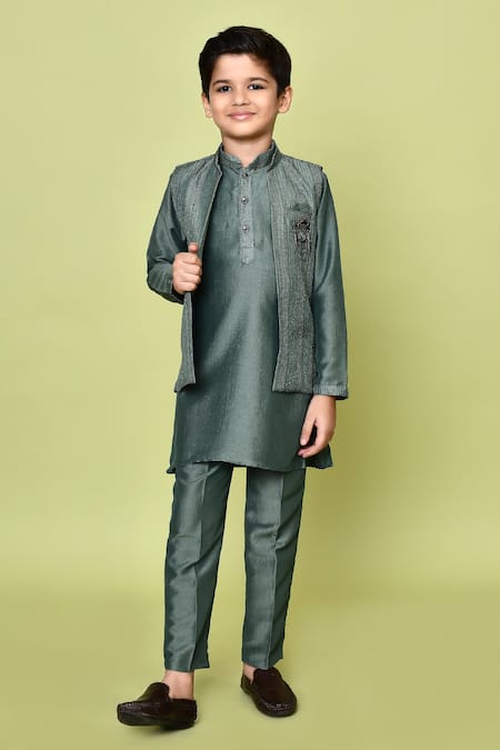 Petite Pomme_Green Cotton, Silk, Polyester Zari Embroidered Kurta And Nehru Jacket Set _at_Aza_Fashions