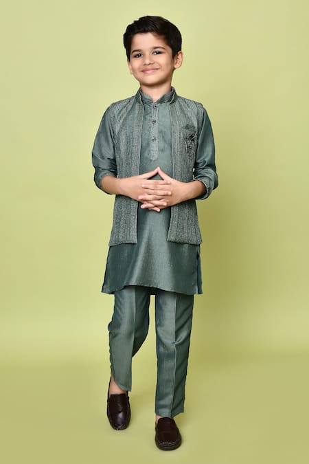 Buy_Petite Pomme_Green Cotton, Silk, Polyester Zari Embroidered Kurta And Nehru Jacket Set 