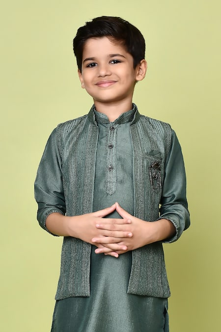 Shop_Petite Pomme_Green Cotton, Silk, Polyester Zari Embroidered Kurta And Nehru Jacket Set 