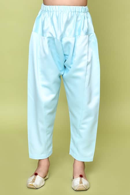 Petite Pomme_Blue Satin Solid Pathani Kurta And Pant Set_Online_at_Aza_Fashions