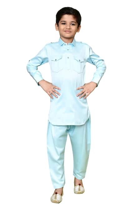 Petite Pomme Blue Satin Solid Pathani Kurta And Pant Set at Aza Fashions Petite Pomme_Blue Satin Solid Pathani Kurta And Pant Set_at_Aza_Fashions