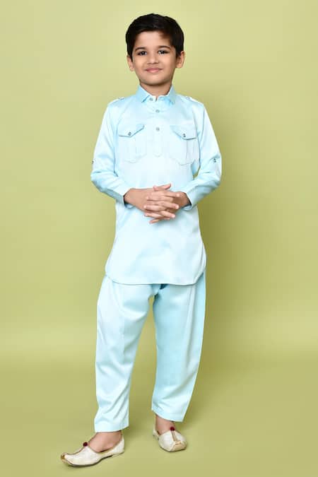 Buy_Petite Pomme_Blue Satin Solid Pathani Kurta And Pant Set