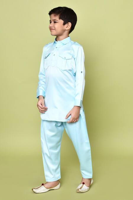 Shop Petite Pomme Blue Satin Solid Pathani Kurta And Pant Set Shop_Petite Pomme_Blue Satin Solid Pathani Kurta And Pant Set