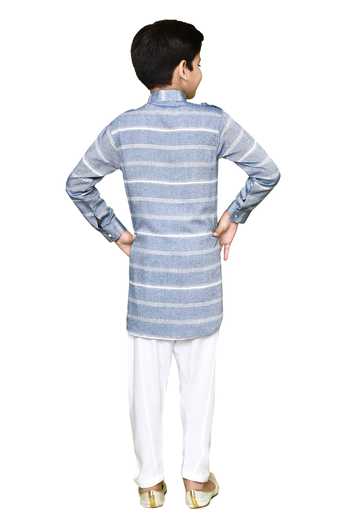 Shop_Petite Pomme_Blue Cotton, Rayon Striped Print Band Collared Kurta And Pyjama Set _Online_at_Aza_Fashions
