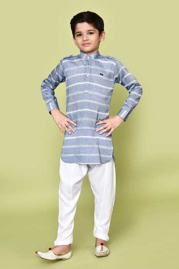 Buy_Petite Pomme_Blue Cotton, Rayon Striped Print Band Collared Kurta And Pyjama Set 