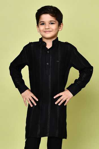 Shop_Petite Pomme_Black Cotton, Rayon Striped Print Kurta And Pyjama Set _Online_at_Aza_Fashions
