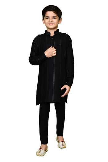 Petite Pomme_Black Cotton, Rayon Striped Print Kurta And Pyjama Set _at_Aza_Fashions