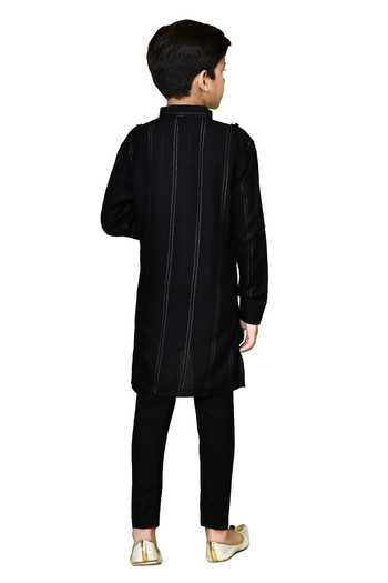 Shop_Petite Pomme_Black Cotton, Rayon Striped Print Kurta And Pyjama Set 