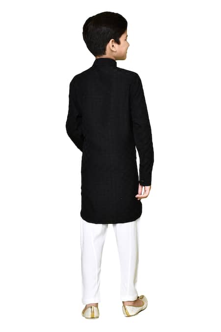 Shop_Petite Pomme_Black Jacquard, Cotton Satin, Cotton, Woven Pattern Pathani Kurta And Pyjama Set _Online_at_Aza_Fashions