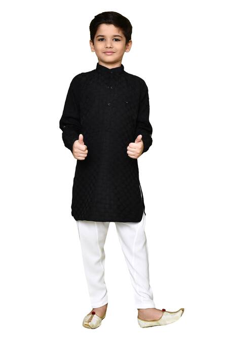 Petite Pomme_Black Jacquard, Cotton Satin, Cotton, Woven Pattern Pathani Kurta And Pyjama Set _at_Aza_Fashions
