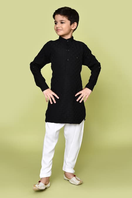 Buy_Petite Pomme_Black Jacquard, Cotton Satin, Cotton, Woven Pattern Pathani Kurta And Pyjama Set 