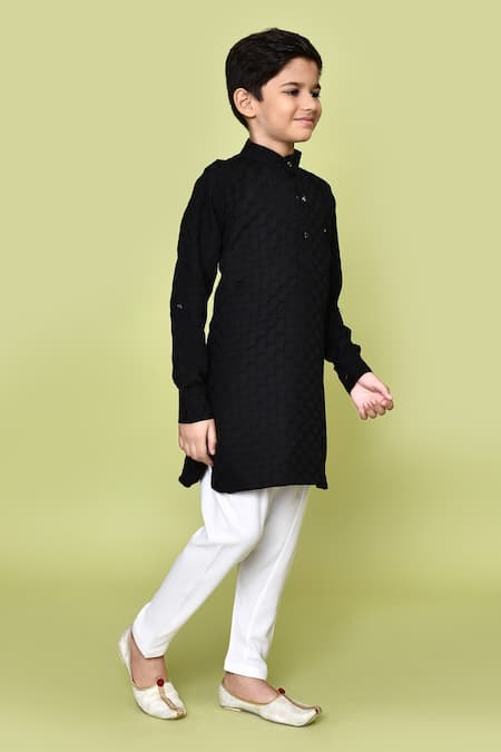 Shop_Petite Pomme_Black Jacquard, Cotton Satin, Cotton, Woven Pattern Pathani Kurta And Pyjama Set 