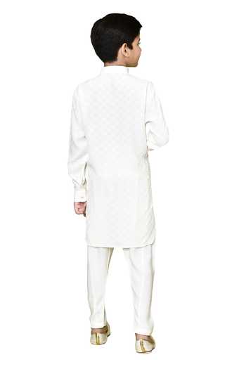 Shop_Petite Pomme_Cream Jacquard, Cotton Satin, Checkered Woven Pattern Pathani Kurta And Pyjama Set_Online_at_Aza_Fashions