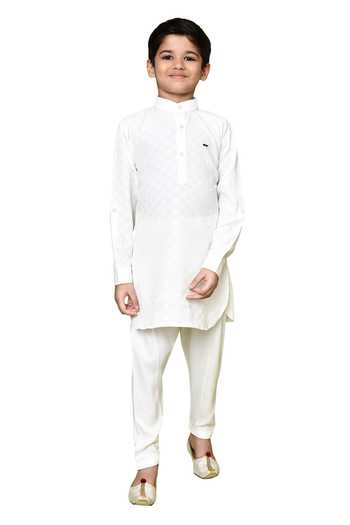 Petite Pomme_Cream Jacquard, Cotton Satin, Checkered Woven Pattern Pathani Kurta And Pyjama Set_at_Aza_Fashions